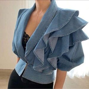 Very Elegant Blue Denim Jacket with Beautiful Layered Ruffles. Size M
